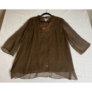 Edward Womens 2X Embellished Blouse Top Brown Silk Flowy Semi‎ Sheer Lined Fairy